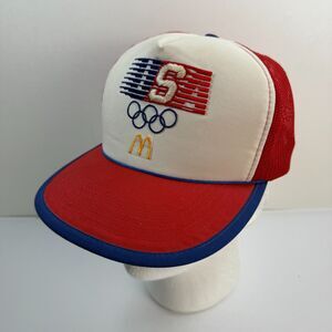 Vintage 1984 Olympics Hat Snapback Trucker Cap Men Red White Blue McDonalds READ